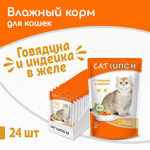 Влажный корм для кошек Cat Lunch кусочки в желе с говядиной и индейкой, пауч 85гх24шт фотография