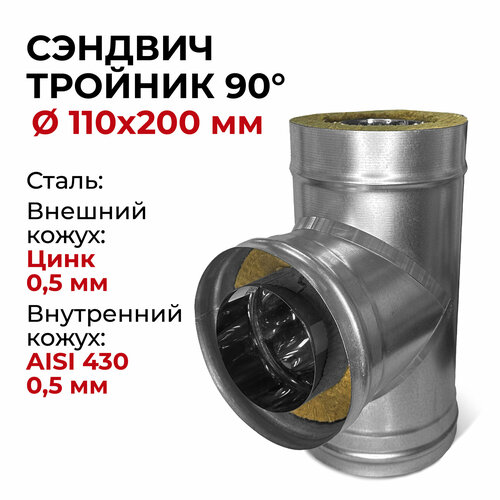 Сэндвич тройник термо для дымохода утепленный 90 градусов d 110x200 мм (0,5/430*0,5/Цинк) 