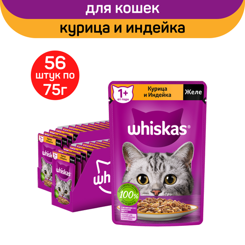 Влажный полнорационный корм Whiskas для взрослых кошек, желе с курицей и индейкой, 75г. х 56шт. фотография