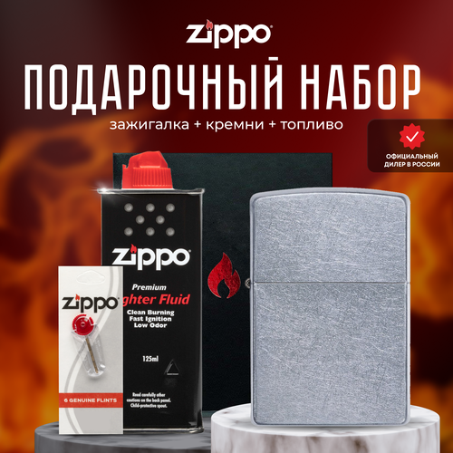 Зажигалка ZIPPO Подарочный набор ( Зажигалка бензиновая Zippo 207 Classic Street Chrome + Кремни + Топливо 125 мл ) фотография