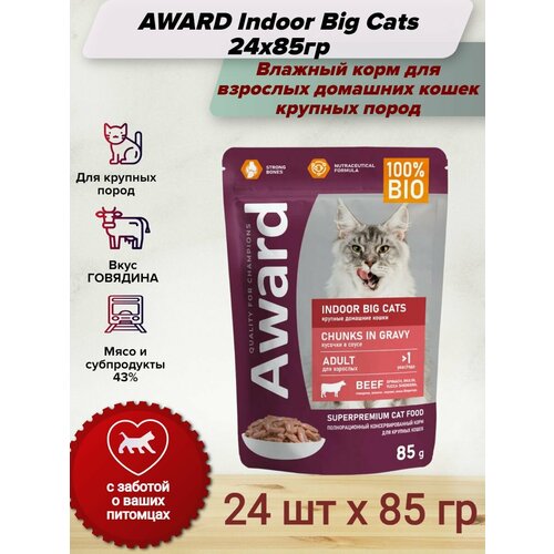 AWARD Indoor Big Cats влажный корм для взрослых домашних кошек крупных пород, кусочки в соусе с говядиной, в паучах - 85 г х 24 шт фотография