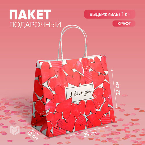 Пакет подарочный крафтовый «I love you», 22 × 25 × 12 см фотография