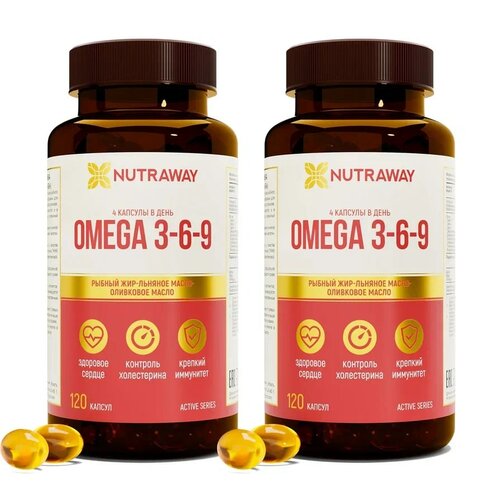 фотография Рыбий жир Omega 3-6-9 NUTRAWAY, 120 + 120 капсул, купить за 820 р