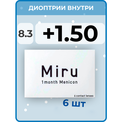 Контактные линзы Menicon Miru 1month, 6 шт., R 8,3, D +1,5, прозрачный, 1 уп. фотография