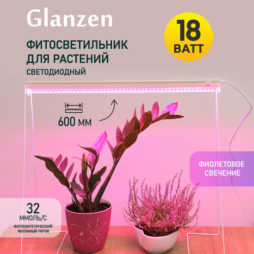 Светодиодный линейный фитосветильник / фитолампа для растений и рассады GLANZEN 18 Вт RPD-0600-18-fito 600 мм фотография