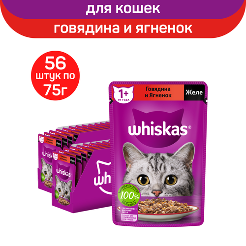 Влажный полнорационный корм Whiskas для взрослых кошек, желе с говядиной и ягненком, 75г. х 56шт. фотография