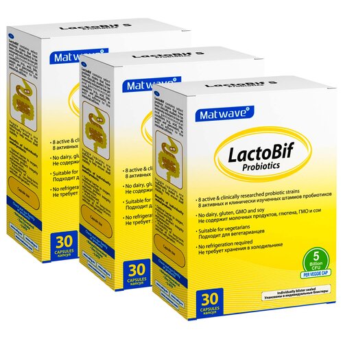 Matwave LactoBif Probiotics капс., 5 млрд КОЕ, 150 г, 30 шт., нейтральный, 3 уп. фотография