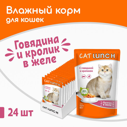 Влажный корм для кошек Cat Lunch кусочки в желе Говядина и Кролик, пауч 85гх24шт фотография