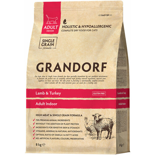 GRANDORF SINGLE GRAIN CAT AD INDOOR LAMB&TURKEY низкозерн для взр кошек живущих дома ягненок индейка 8 кг фотография