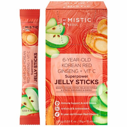 MISTIC 6-YEAR OLD KOREAN RED GINSENG+VIT C SUPERPOWER JELLY STICKS, 15pcs*15g/box суперпауэр желейные палочки С 6-ЛЕТНИМ корейским красным женьшенем фотография