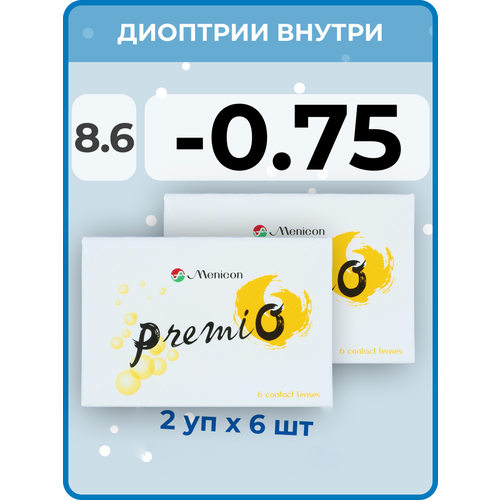 Контактные линзы Menicon Premio, 12 шт., R 8,6, D -0,75, бесцветный, 2 уп. фотография