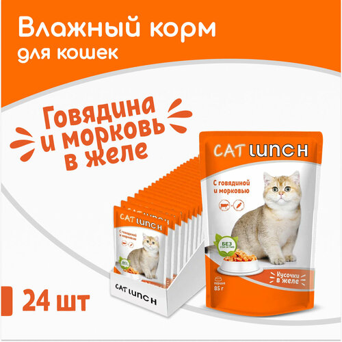 Влажный корм для кошек Cat Lunch кусочки в желе Говядина и Морковь, пауч 85гх24шт фотография