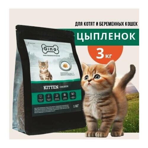 Корм сухой для котят, беременных и кормящих кошек Gina Kitten Chicken, цыпленок, утка, 3 кг фотография