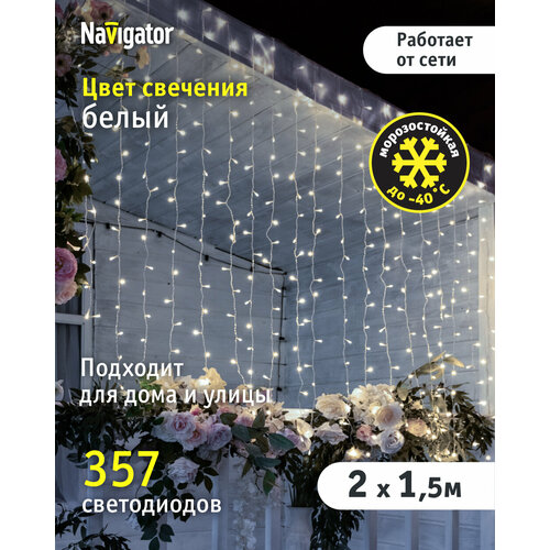 Гирлянда световой занавес Navigator 61 869, 2 х 1.5 м, белый свет, прозрачный провод, IP44 фотография