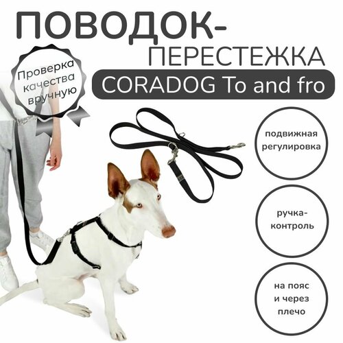 Поводок-перестежка с ручкой контролем и подвижным кольцом, CORADOG To and fro, длина 2,5 м, ширина 20мм, для маленьких пород собак, цвет черный фотография