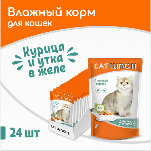 Влажный корм для кошек Cat Lunch кусочки в желе Курица и Утка, пауч 85гх24шт фотография