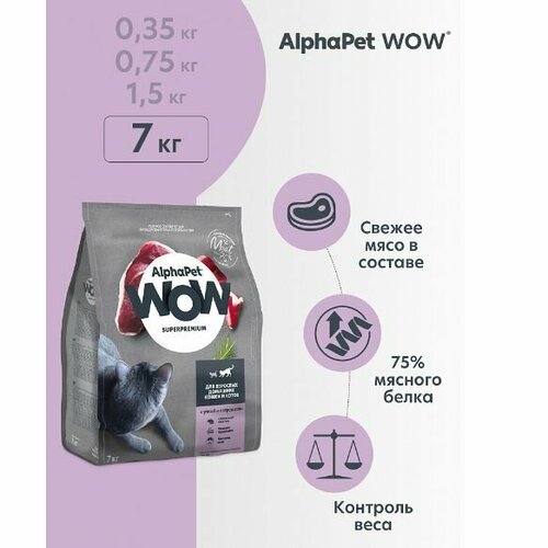 Сухой корм для домашних кошек и котов AlphaPet WOW Superpremium с уткой и потрошками, 7 кг фотография