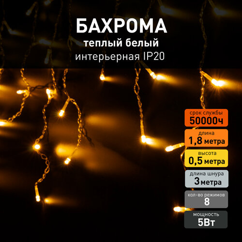 Гирлянда бахрома Eurosvet 100-001 теплый белый свет, IP20, 1,8х0,5 метра, 8 режимов фотография