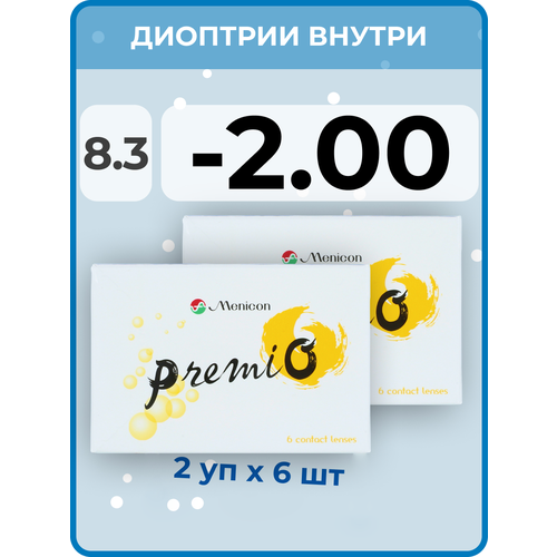 Контактные линзы Menicon Premio, 12 шт., R 8,3, D -2, бесцветный, 2 уп. фотография