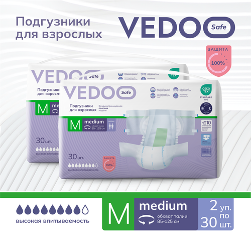 Подгузники для взрослых VEDOO Safe, размер М, 60 штук, для средней и тяжелой степени недержания, одноразовые дышащие впитывающие памперсы с индикатором влаги для лежачих больных, ночные (дневные) фотография