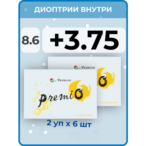 Контактные линзы Menicon Premio, 12 шт., R 8,6, D +3,75, бесцветный, 2 уп. фотография