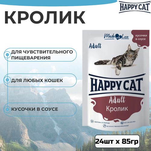 Влажный корм Happy Cat для любых кошек с кроликом в соусе 24шт х 85 г фотография