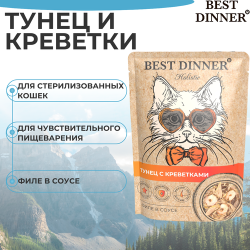 Влажный корм BEST DINNER 70гр для любых кошек Holistic тунец с креветками в соусе (пауч) фотография