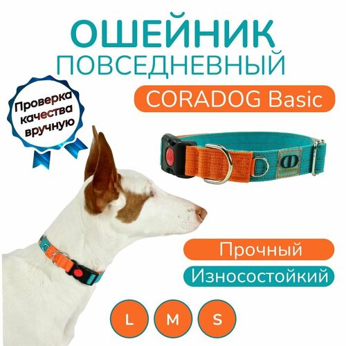 Ошейник повседневный, CORADOG Basic, для средних и крупных собак, бирюзовый оранжевый, размер M 35-46 см фотография