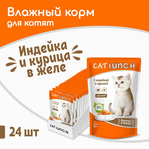 Влажный корм для котят Cat Lunch кусочки в желе с индейкой и курицей, пауч 85гх24шт фотография