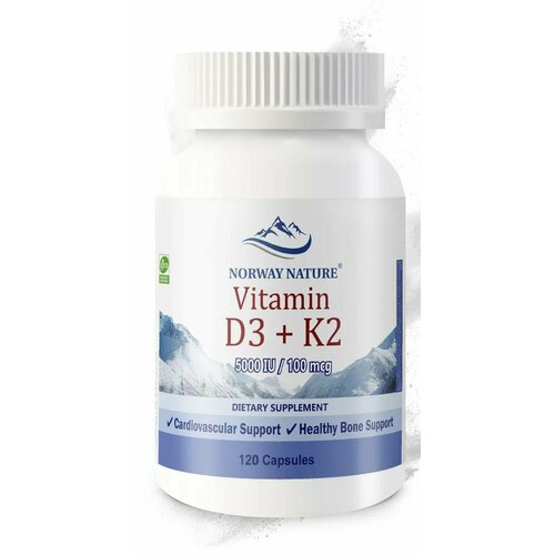 Отдельные витамины, Norway Nature, Vitamin D-3 5 000 IU + K2, 120 капсул, фотография