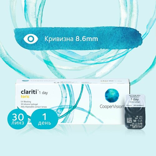 Контактные линзы CooperVision Clariti 1 day toric., 30 шт., R 8,6, D -5,75, CYL: -2,25, AХ: 20, ADD: +1.00 D, прозрачный, 1 уп. фотография