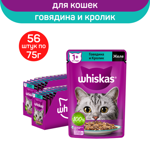 Влажный полнорационный корм Whiskas для взрослых кошек, желе с говядиной и кроликом, 75г. х 56шт. фотография