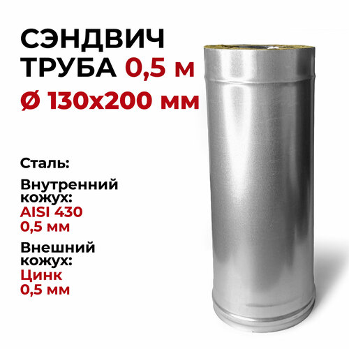 Сэндвич труба термо для дымохода утепленная 0,5 м d 130x200 мм (0,5/430*0,5/Цинк) нерж/цинк 