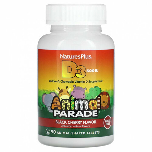 Таблетки Natures Plus Animal Parade Vitamin D3, без сахара, 43 г, 500 МЕ, 90 шт. фотография