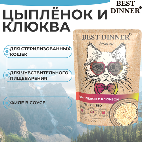 Влажный корм BEST DINNER 70гр для стерилизованных кошек Holistic цыпленок с клюквой в соусе (пауч) фотография