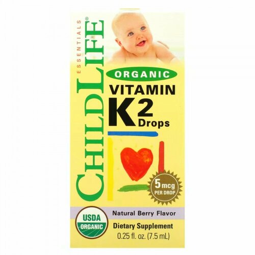 ChildLife Organic Vitamin K-2 (органический витамин K2 в каплях) натуральный ягодный вкус 5 мкг 7,5 мл фотография