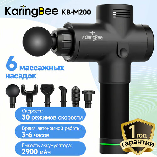 Перкуссионный массажер KaringBee KB-M200 6 массажных насадок 30 режимов скорости 2900 мАч фотография