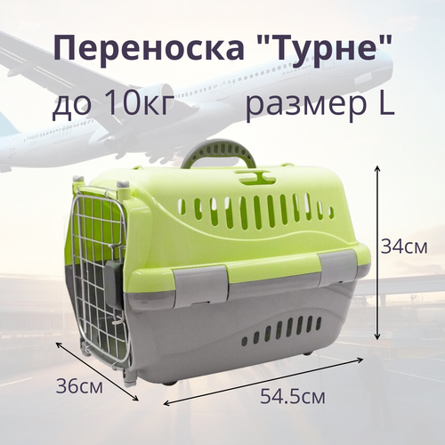 Переноска для животных Zooexpress Турне L авиа с металлической дверцей (коврик + ремень) зеленая, 54.5 х 36 х 34см фотография