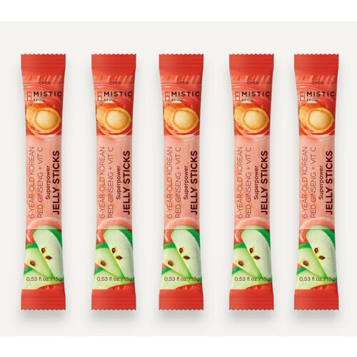 MISTIC 6-YEAR OLD KOREAN RED GINSENG+VIT C SUPERPOWER JELLY STICKS суперпауэр желейные палочки С 6-ЛЕТНИМ корейским красным женьшенем И витамином С со вкусом яблока 5шт*15г фотография