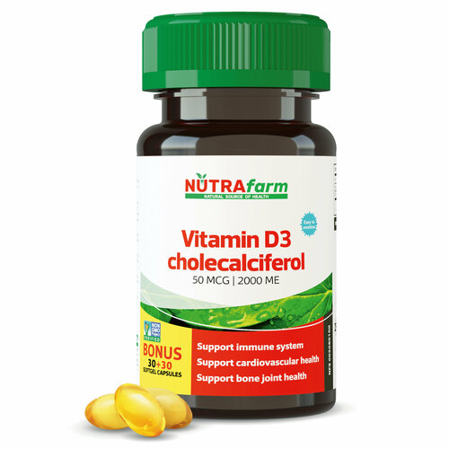 Витамин Д, Д3 D3 2000 ME 60 капсул NUTRAFARM Vitamin D фотография