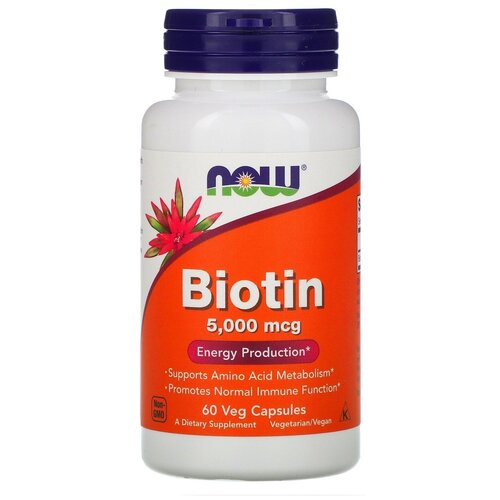 Капсулы NOW Biotin, 100 г, 150 мл, 5000 мкг, 60 шт. фотография