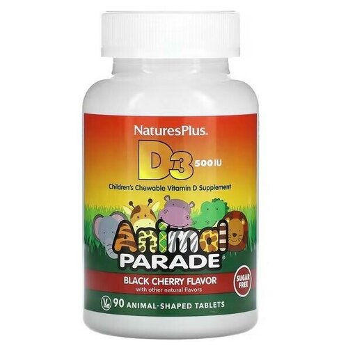 Nature’s Plus Source of Life, Animal Parade, витамин D3, без сахара, с натуральным вкусом черешни, 12,5 мкг (500 МЕ) 90 жевательные таблетки фотография