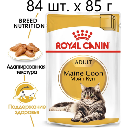 Влажный корм для кошек Royal Canin Maine Coon Adult, для взрослых кошек породы мейн-кун, 84 шт. х 85 г (кусочки в соусе) фотография