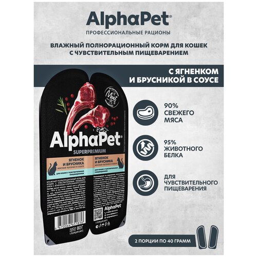 Влажный корм для кошек с чувств. пищеварением AlphaPet Superpremium Ягненок и брусника мясные кусочки в соусе 80г (Упаковка - 15 блистеров) фотография