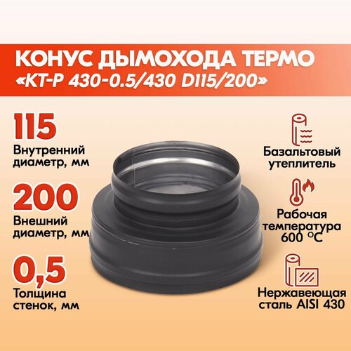 Конус дымохода термо КТ-Р 430-0.5/430 D115/200 Черный (RAL 9005) фотография