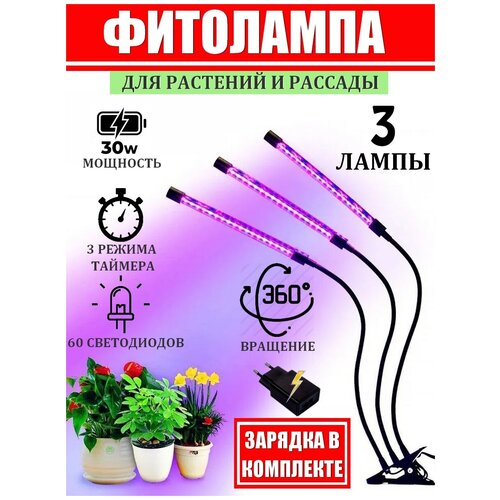 Фитолампа для растений и рассады. Лампа для растений светодиодная с адаптером и таймером отключения полный спектр 3х10 (30 Вт) на прищепке ABBA. фотография