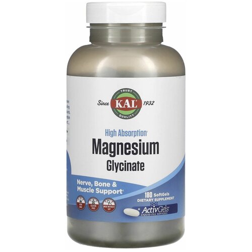 KAL Magnesium Glycinate, высокая абсорбция, 180 активных гелевых капсул фотография