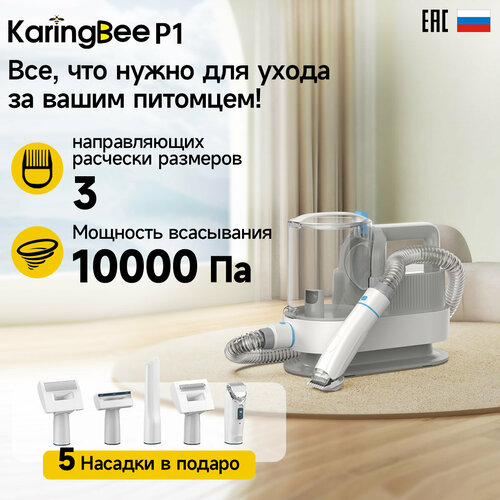 5 в 1 груминг-пылесос KaringBee P1, машинка триммер для стрижки животных собак и кошек, щетка, дешеддер, 4 направляющих гребня, насадки для уборки, вакуумный сбор шерсти фотография