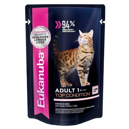 Влажный корм для кошек Eukanuba Top Condition, для здоровья кожи и блеска шерсти, с лососем 3 шт. х 85 г (кусочки в соусе) фотография