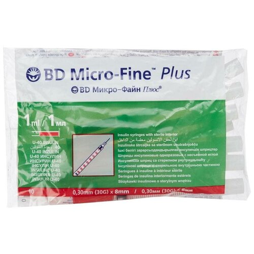 Шприц инсулиновый BD Micro-fine plus U-40 трехкомпонентный, 8 мм x 0.3 мм, размер: 30G, 10 шт. фотография